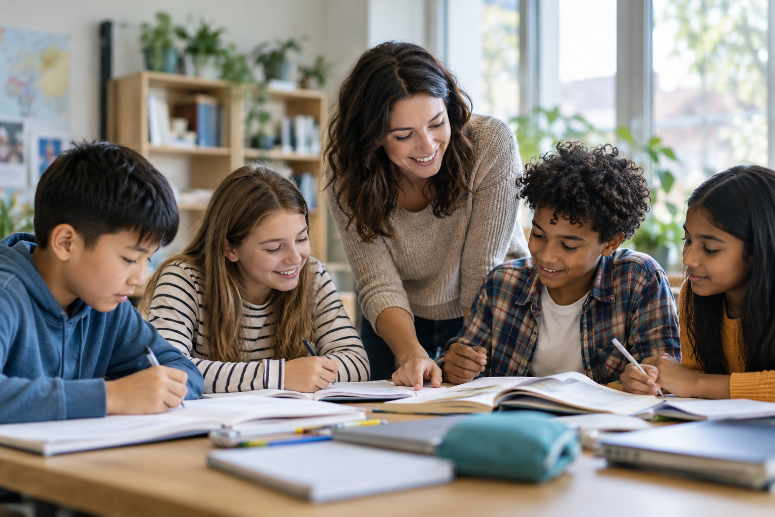 Illustrative scene of a teacher supporting pupils in a classroom