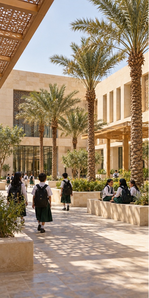 Modern school courtyard with shaded walkways and palm trees